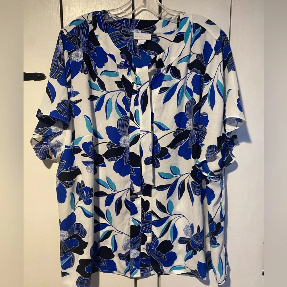 Liz Claiborne Royal Blue and Navy Floral Tie Neck Top - Picture 1 of 4